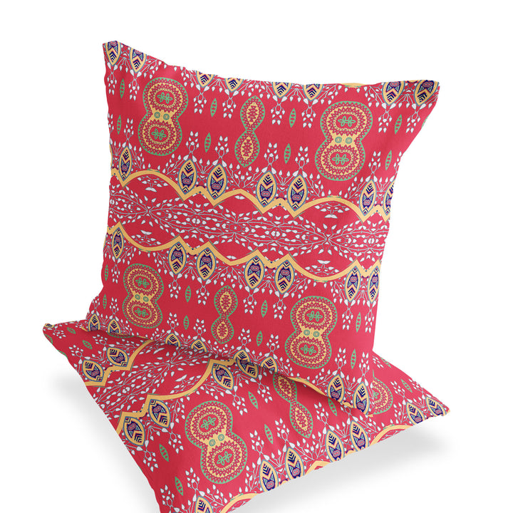 Set of Two 16" X 16" Red Blown Seam Abstract Indoor Outdoor Throw Pillow