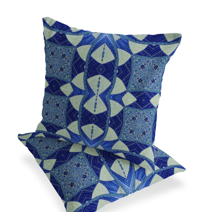 Set of Two 16" X 16" Blue and Green Blown Seam Eclectic Indoor Outdoor Throw Pillow