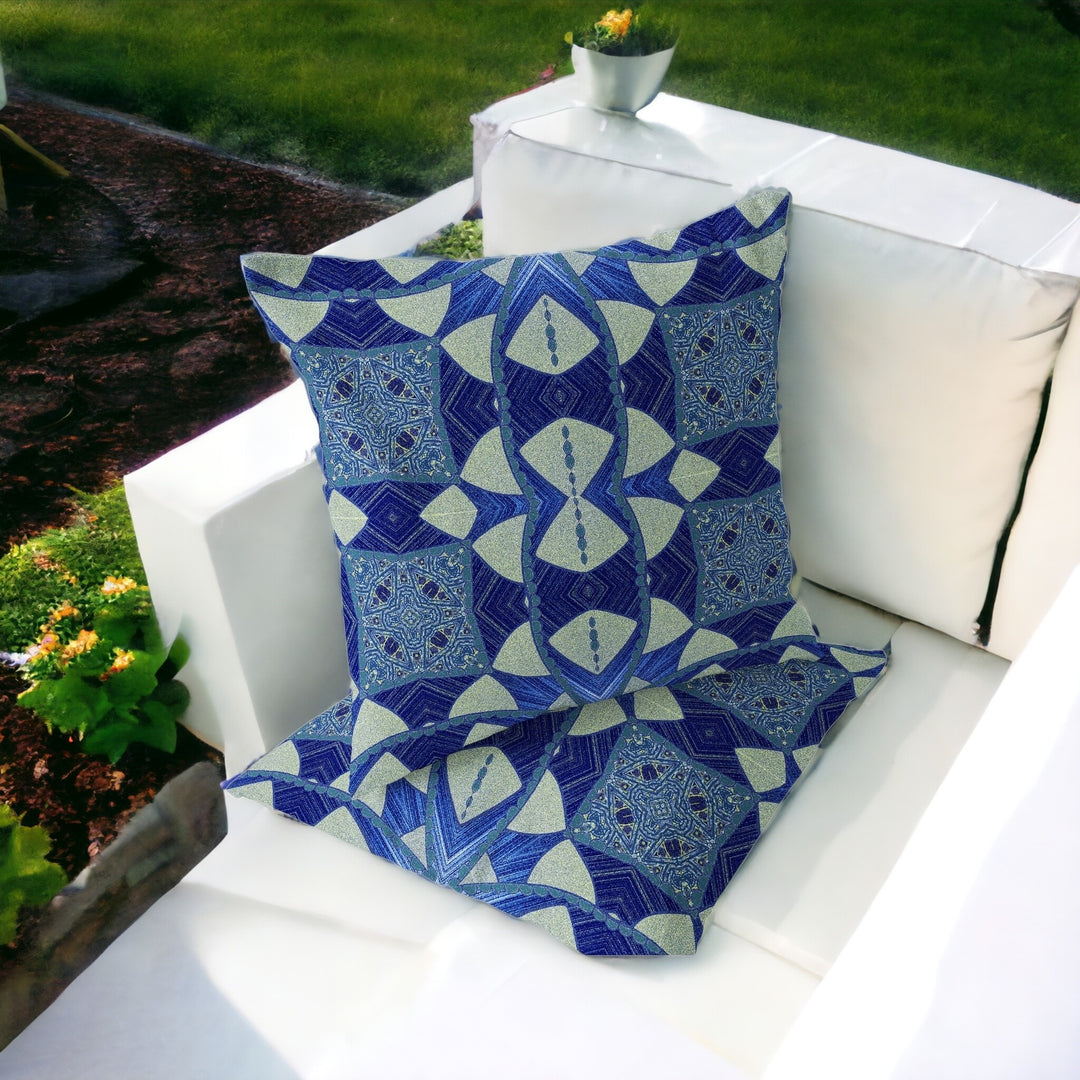 Set of Two 16" X 16" Blue and Green Blown Seam Eclectic Indoor Outdoor Throw Pillow