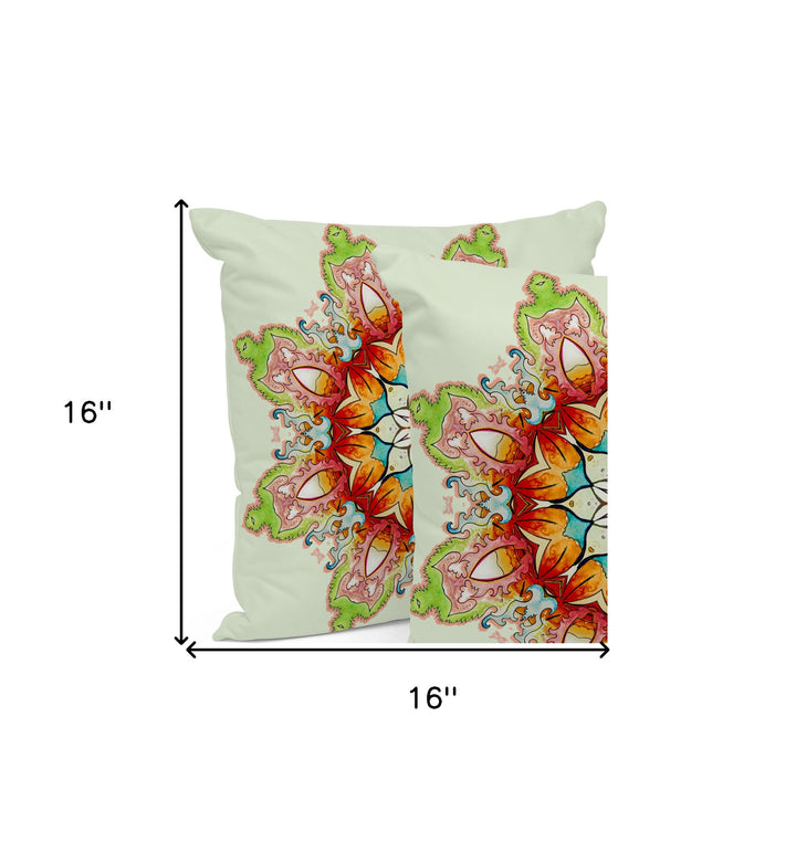 Set of Three 16" X 16" Green and Pink Abstract Indoor Outdoor Throw Pillow