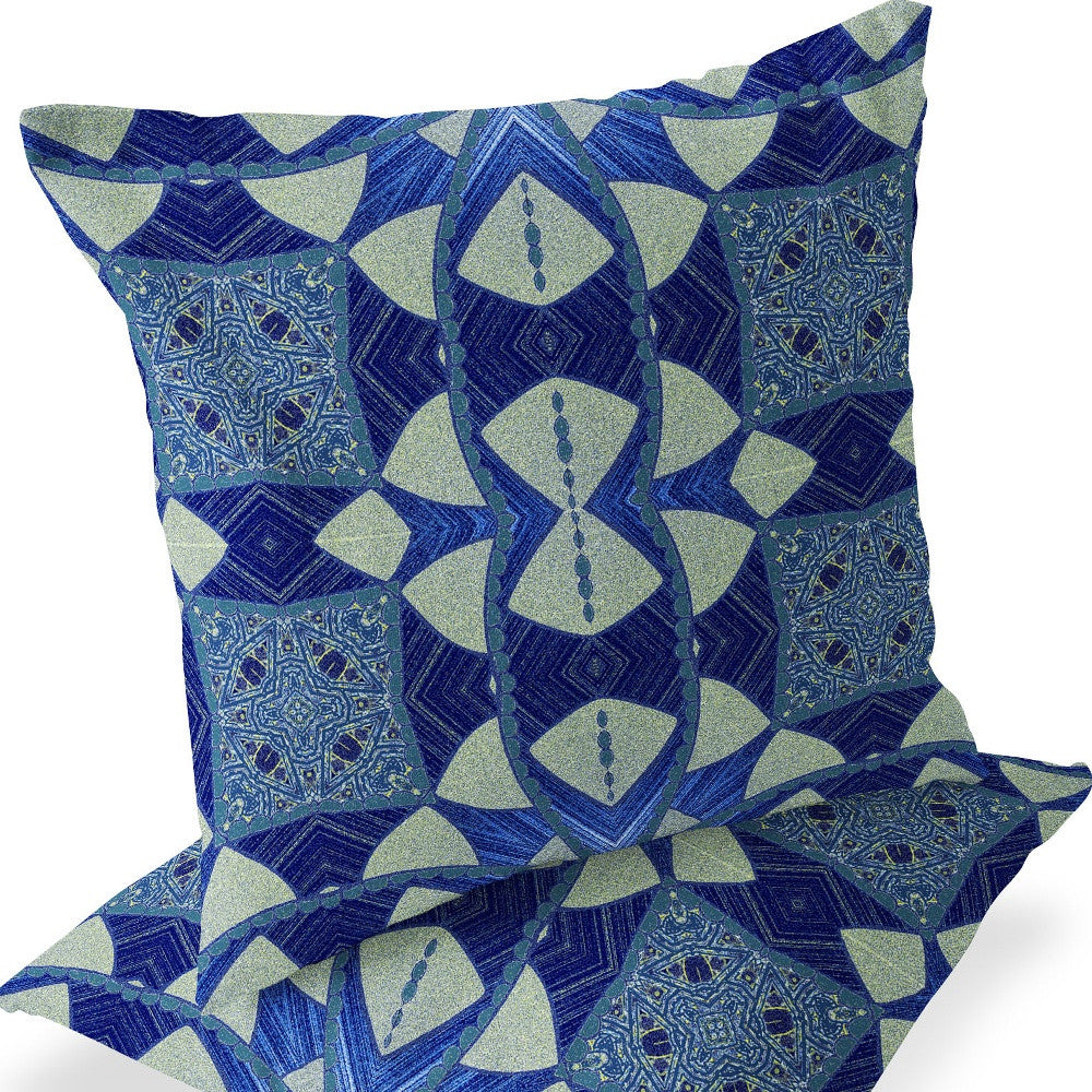 Set of Two 16" X 16" Blue and Green Blown Seam Eclectic Indoor Outdoor Throw Pillow