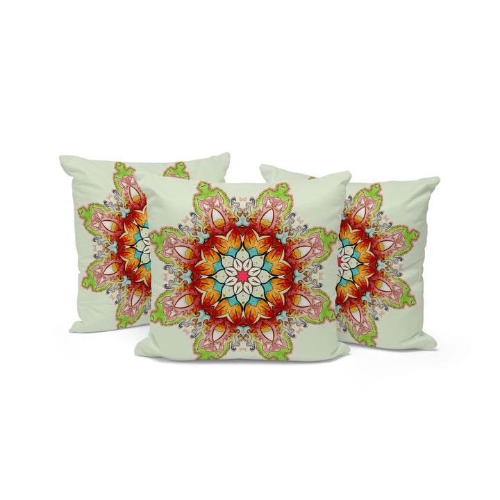 Set of Three 16" X 16" Green and Pink Abstract Indoor Outdoor Throw Pillow