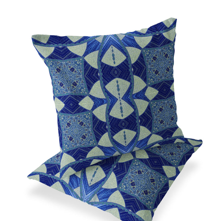 Set of Two 16" X 16" Blue and Green Blown Seam Eclectic Indoor Outdoor Throw Pillow