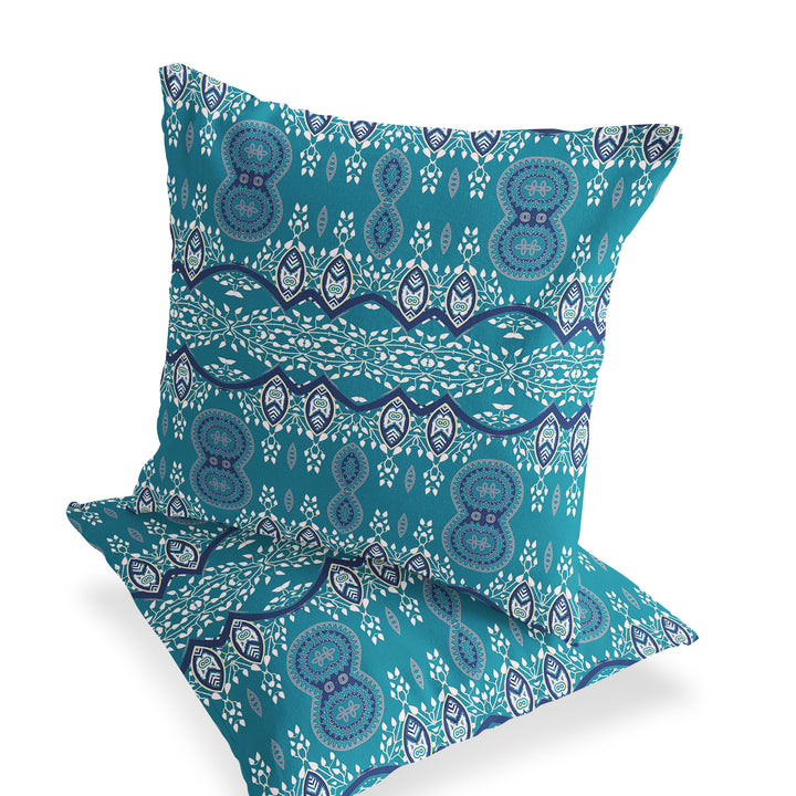 Set of Two 16" X 16" Aqua Blown Seam Abstract Indoor Outdoor Throw Pillow