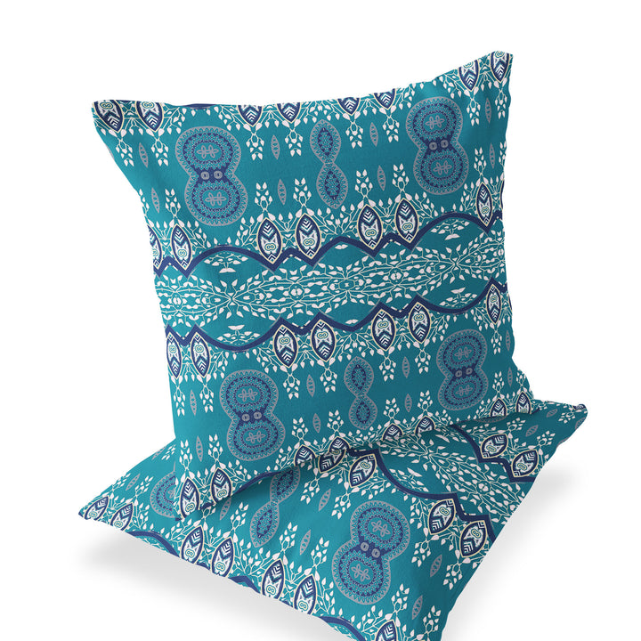 Set of Two 16" X 16" Aqua Blown Seam Abstract Indoor Outdoor Throw Pillow