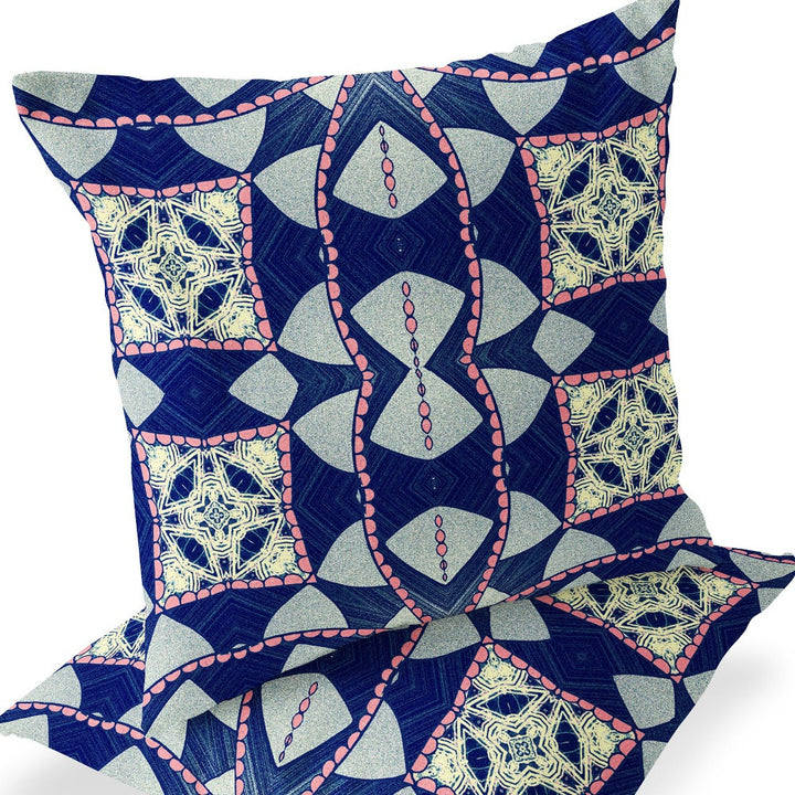 Set of Two 16" X 16" Blue and Pink Blown Seam Eclectic Indoor Outdoor Throw Pillow