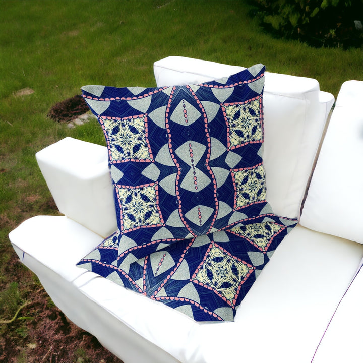 Set of Two 16" X 16" Blue and Pink Blown Seam Eclectic Indoor Outdoor Throw Pillow