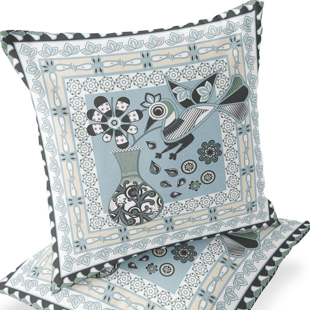 Set of Two 16" X 16" Blue and Black Peacock Blown Seam Floral Indoor Outdoor Throw Pillow