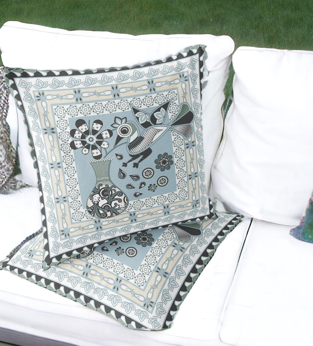 Set of Two 16" X 16" Blue and Black Peacock Blown Seam Floral Indoor Outdoor Throw Pillow