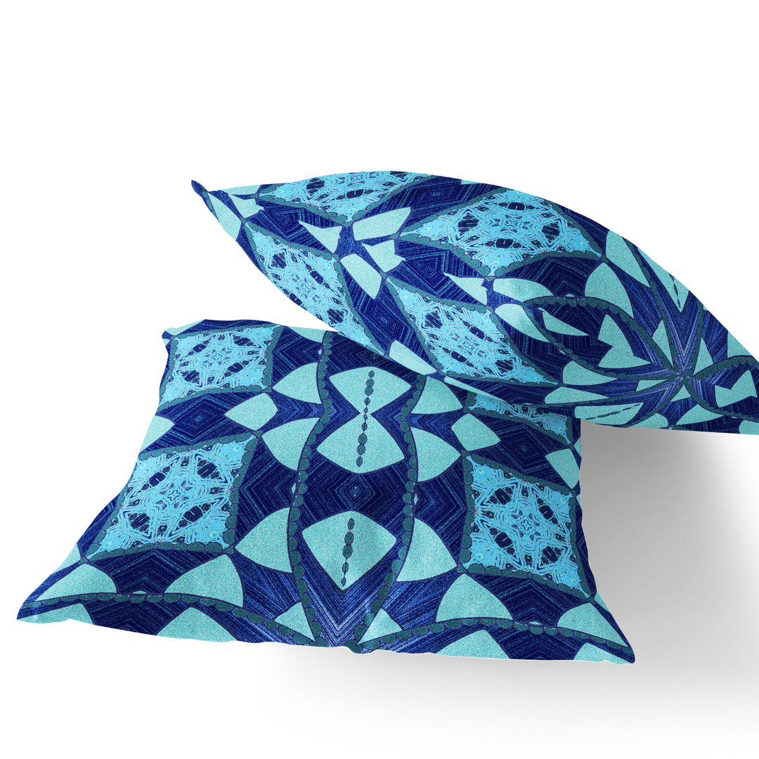 Set of Two 16" X 16" Blue and Green Blown Seam Eclectic Indoor Outdoor Throw Pillow