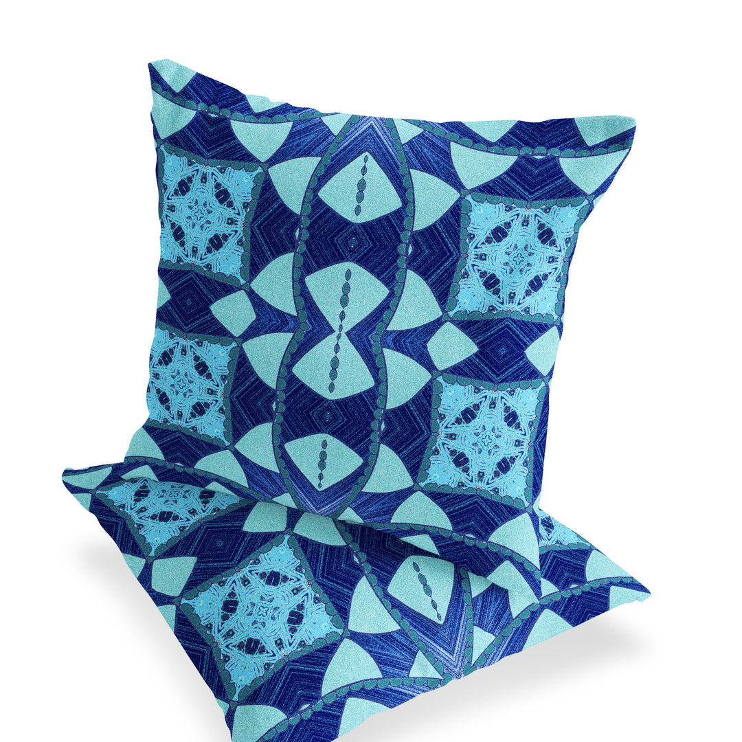 Set of Two 16" X 16" Blue and Green Blown Seam Eclectic Indoor Outdoor Throw Pillow