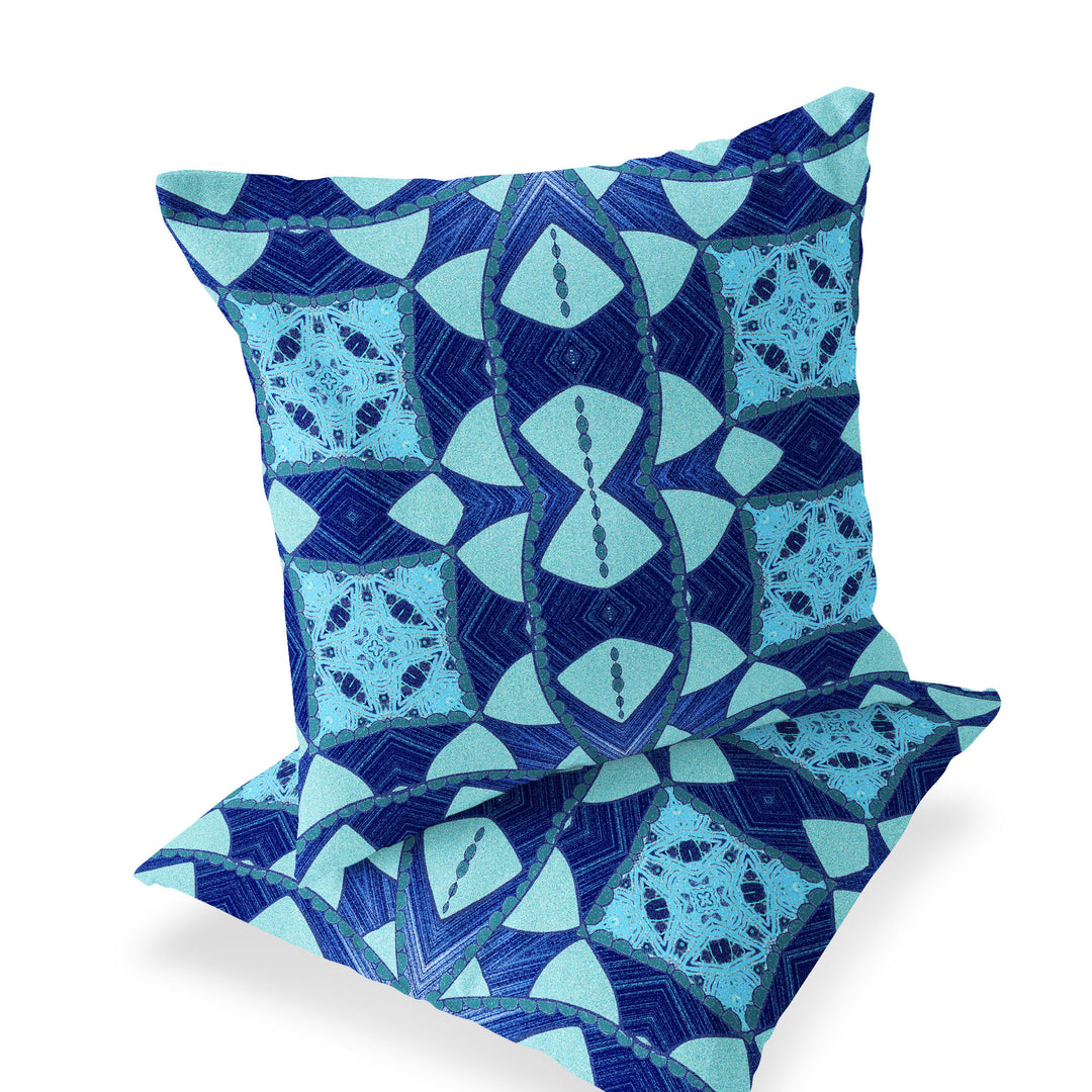 Set of Two 16" X 16" Blue and Green Blown Seam Eclectic Indoor Outdoor Throw Pillow