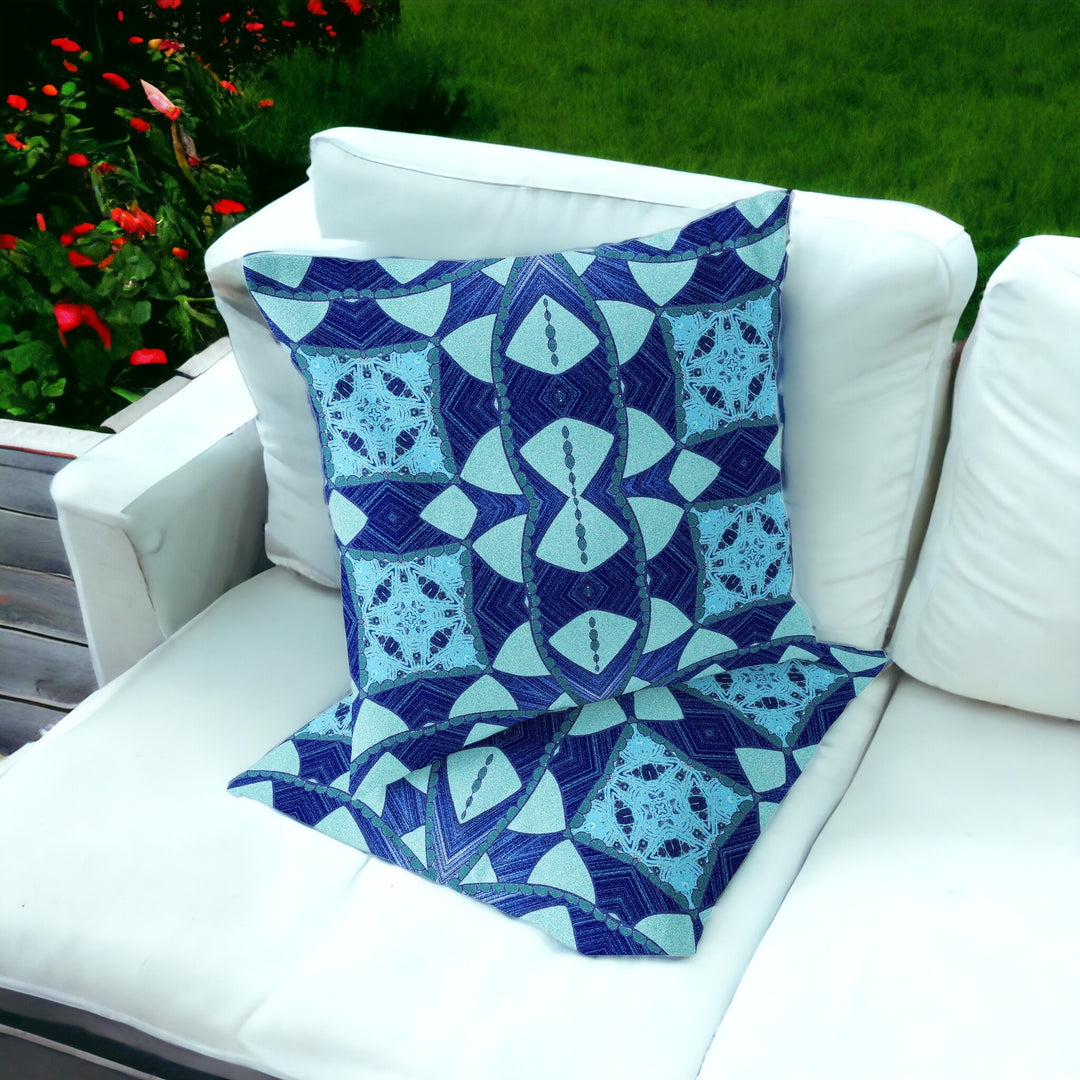 Set of Two 16" X 16" Blue and Green Blown Seam Eclectic Indoor Outdoor Throw Pillow