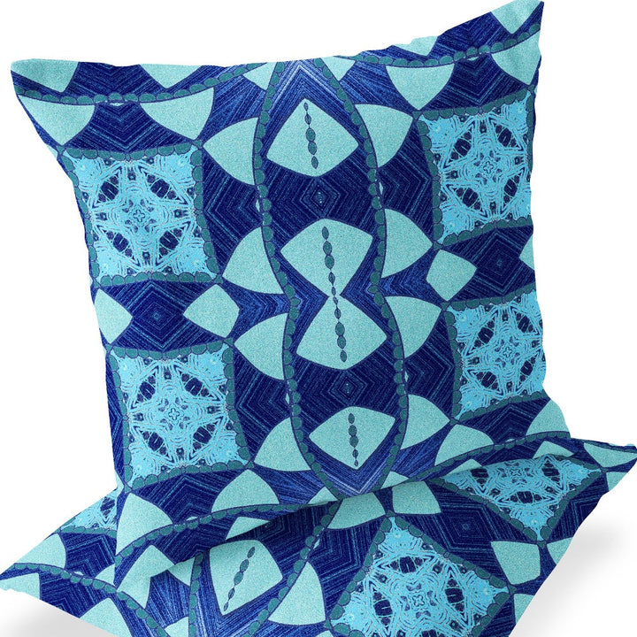 Set of Two 16" X 16" Blue and Green Blown Seam Eclectic Indoor Outdoor Throw Pillow