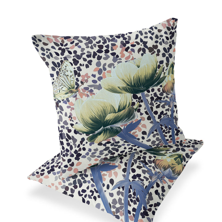 Set of Two 16" X 16" Blue and Green Butterfly Blown Seam Floral Indoor Outdoor Throw Pillow