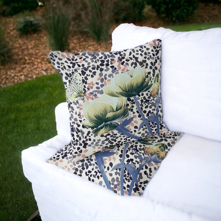 Set of Two 16" X 16" Blue and Green Butterfly Blown Seam Floral Indoor Outdoor Throw Pillow