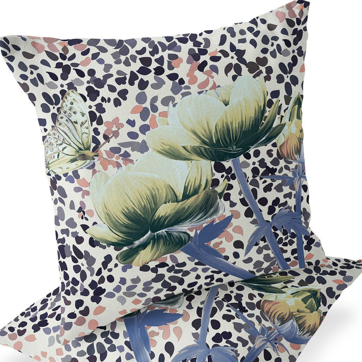 Set of Two 16" X 16" Blue and Green Butterfly Blown Seam Floral Indoor Outdoor Throw Pillow