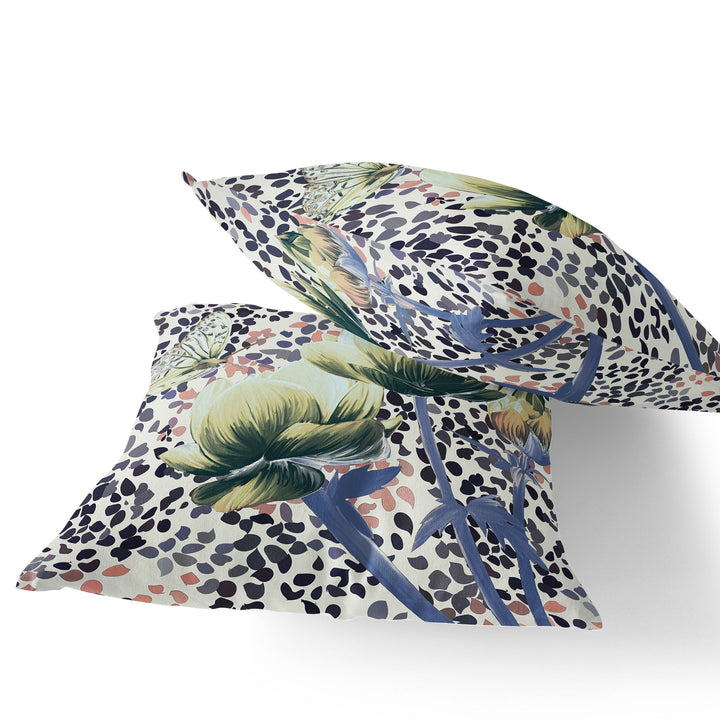 Set of Two 16" X 16" Blue and Green Butterfly Blown Seam Floral Indoor Outdoor Throw Pillow