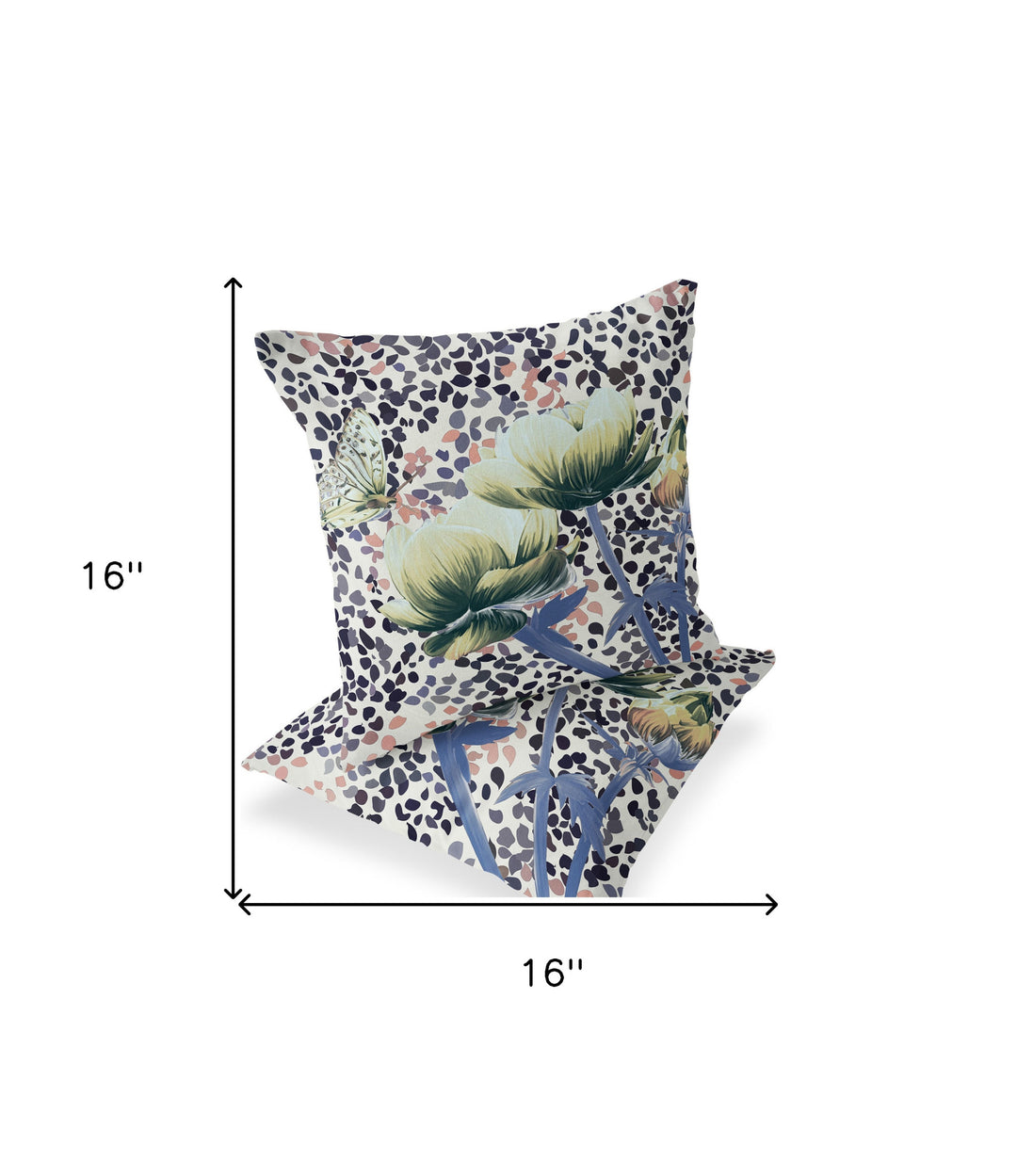 Set of Two 16" X 16" Blue and Green Butterfly Blown Seam Floral Indoor Outdoor Throw Pillow