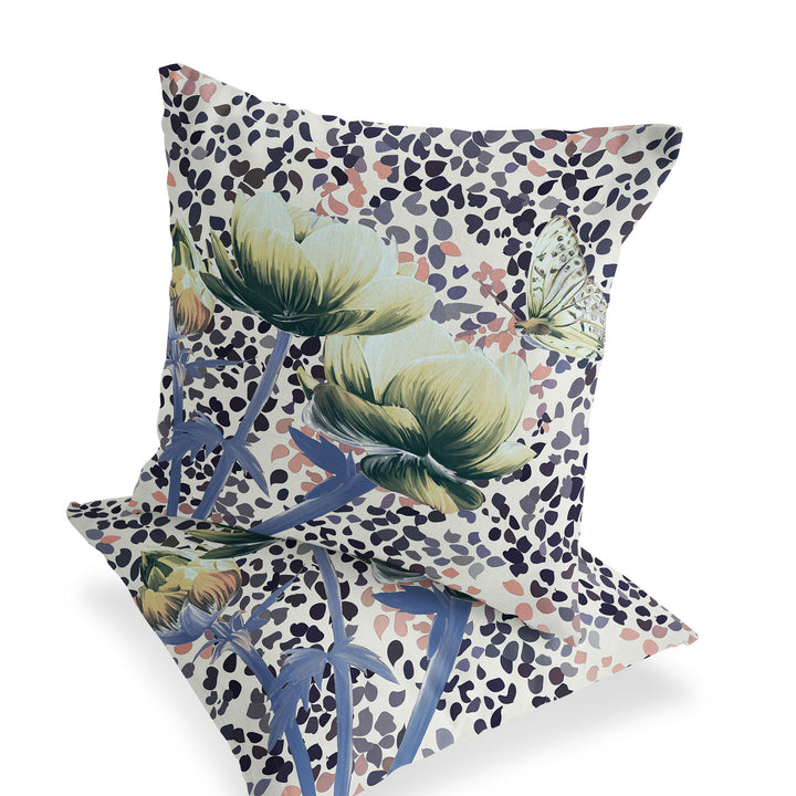 Set of Two 16" X 16" Blue and Green Butterfly Blown Seam Floral Indoor Outdoor Throw Pillow