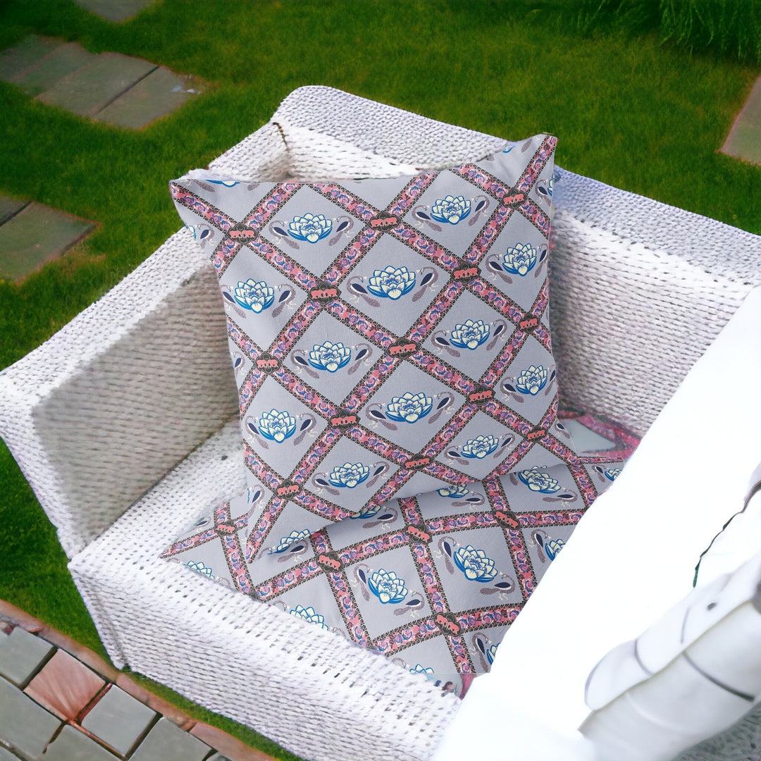 Set of Two 16" X 16" Blue and Gray Peacock Blown Seam Floral Indoor Outdoor Throw Pillow