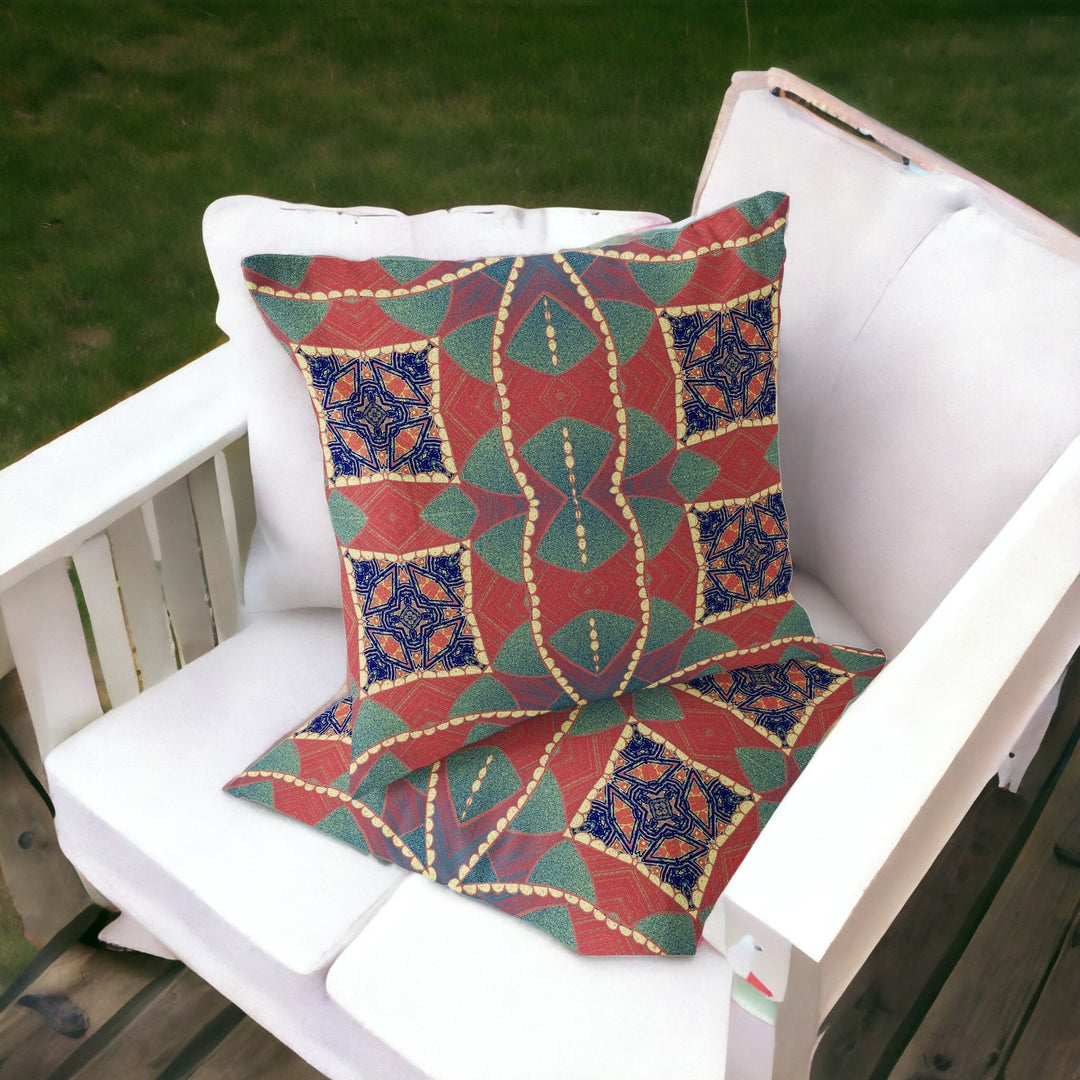 Set of Two 16" X 16" Blue and Green Blown Seam Eclectic Indoor Outdoor Throw Pillow