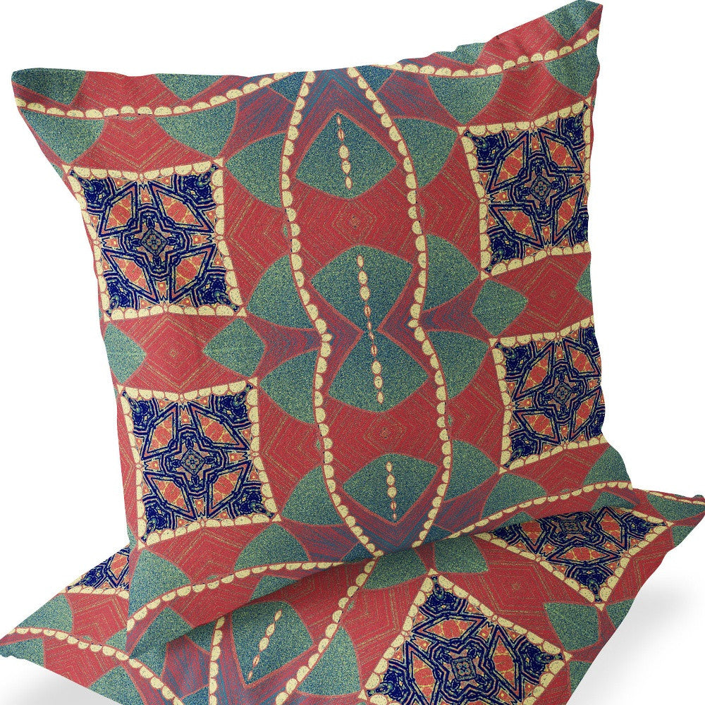 Set of Two 16" X 16" Blue and Green Blown Seam Eclectic Indoor Outdoor Throw Pillow