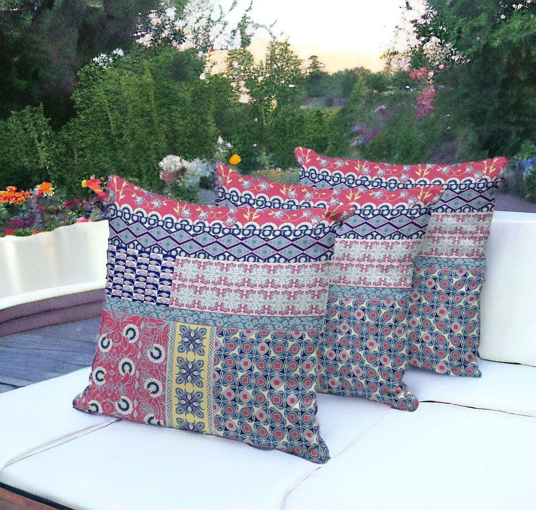 Set of Three 16" X 16" Blue and Pink Botanical Indoor Outdoor Throw Pillow