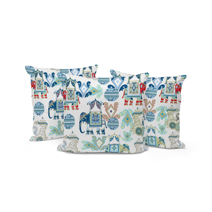 Set of Three 16" X 16" Blue and White Elephant Abstract Indoor Outdoor Throw Pillow