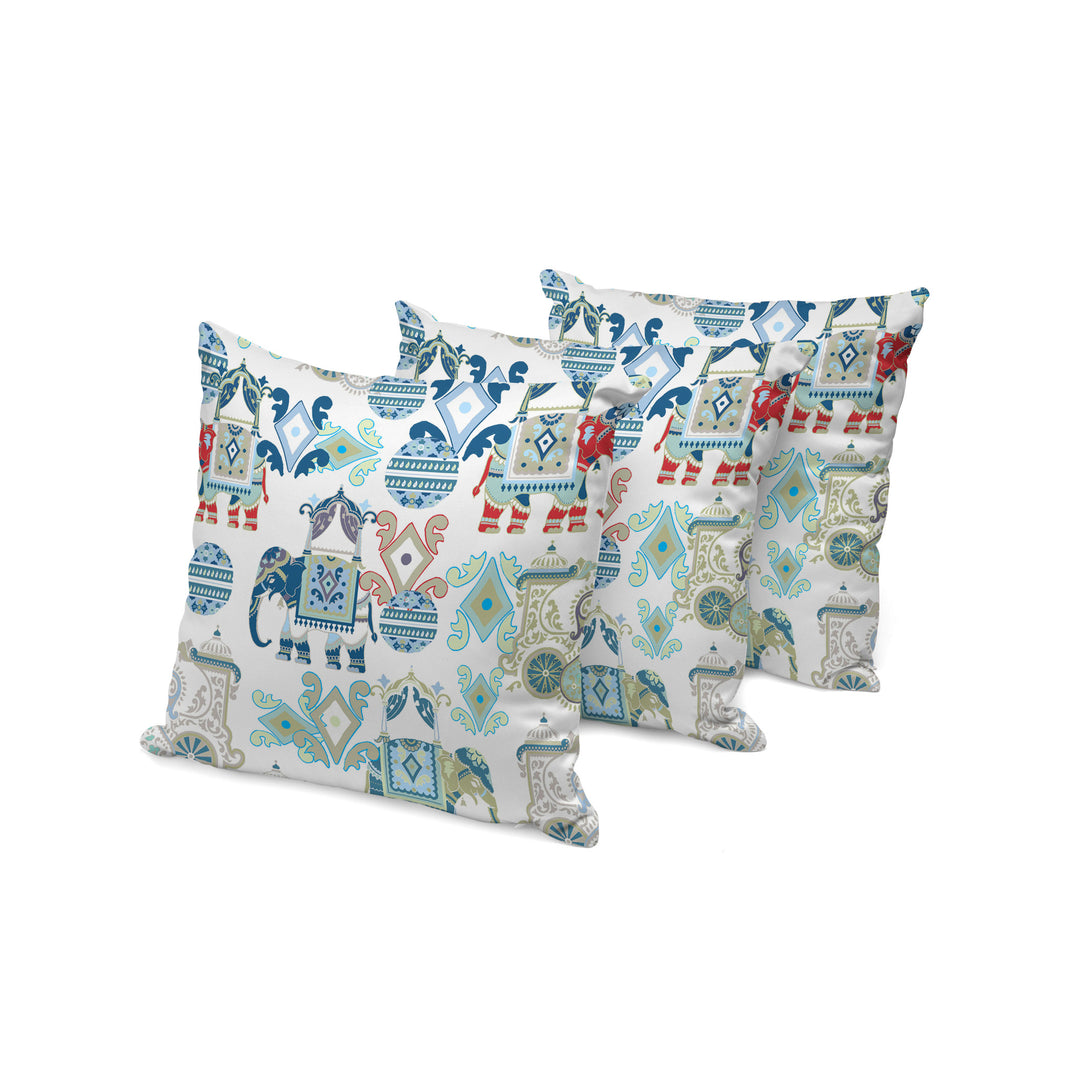 Set of Three 16" X 16" Blue and White Elephant Abstract Indoor Outdoor Throw Pillow