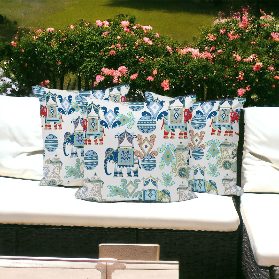 Set of Three 16" X 16" Blue and White Elephant Abstract Indoor Outdoor Throw Pillow