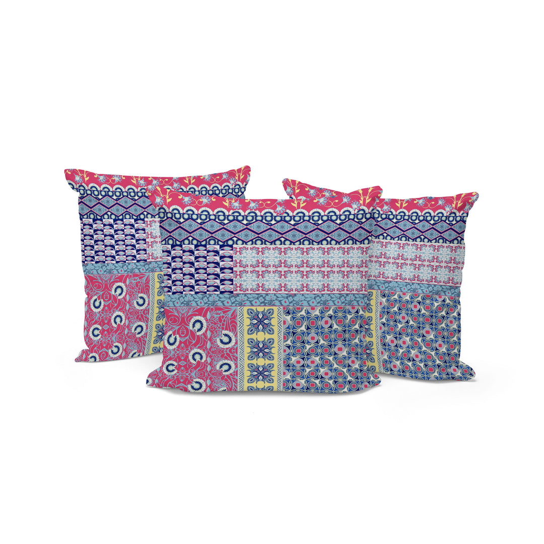 Set of Three 16" X 16" Blue and Pink Botanical Indoor Outdoor Throw Pillow