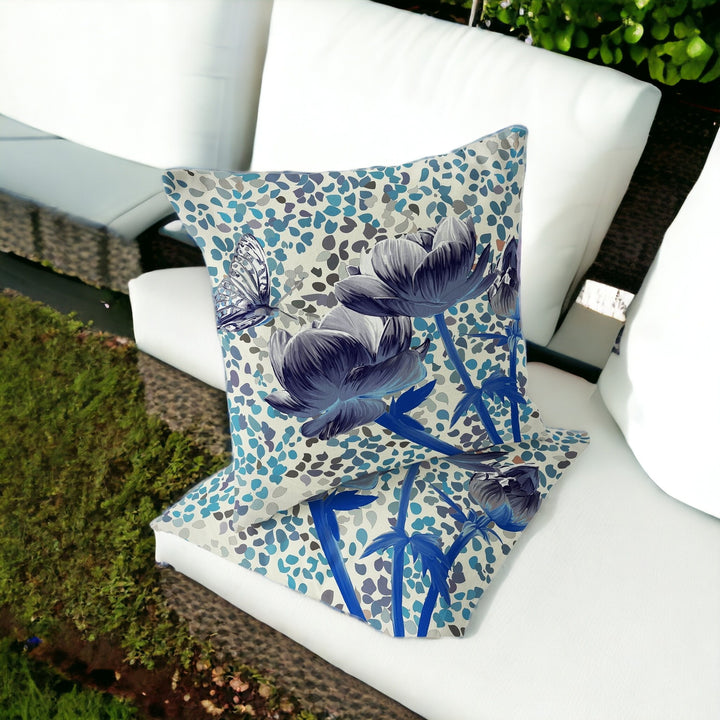 Set of Two 16" X 16" Blue and Gray Butterfly Blown Seam Floral Indoor Outdoor Throw Pillow