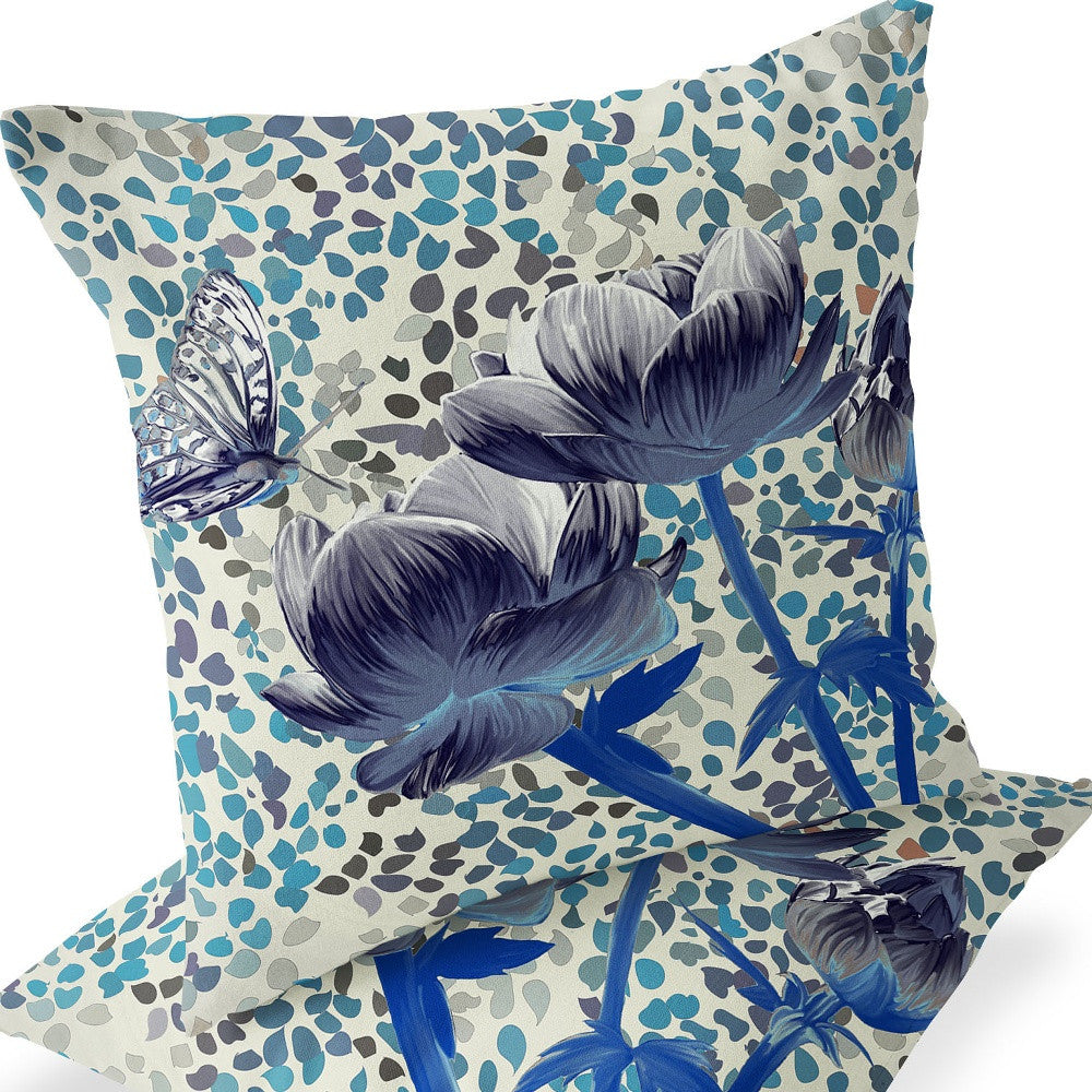 Set of Two 16" X 16" Blue and Gray Butterfly Blown Seam Floral Indoor Outdoor Throw Pillow