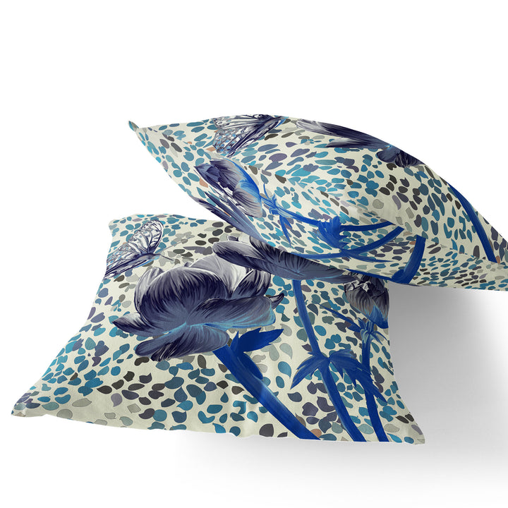 Set of Two 16" X 16" Blue and Gray Butterfly Blown Seam Floral Indoor Outdoor Throw Pillow