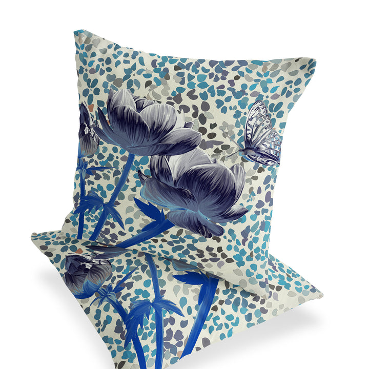 Set of Two 16" X 16" Blue and Gray Butterfly Blown Seam Floral Indoor Outdoor Throw Pillow