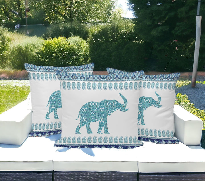 Set of Three 16" X 16" Blue and White Elephant Paisley Indoor Outdoor Throw Pillow