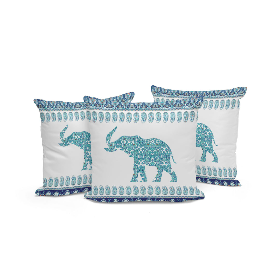 Set of Three 16" X 16" Blue and White Elephant Paisley Indoor Outdoor Throw Pillow