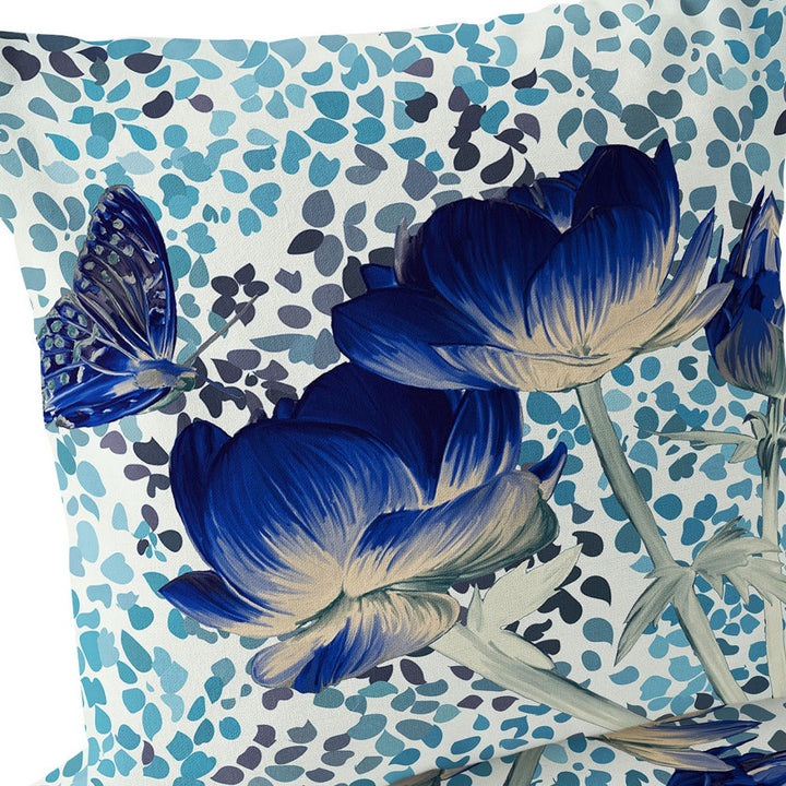 Set of Two 16" X 16" Blue and Off White Butterfly Blown Seam Floral Indoor Outdoor Throw Pillow