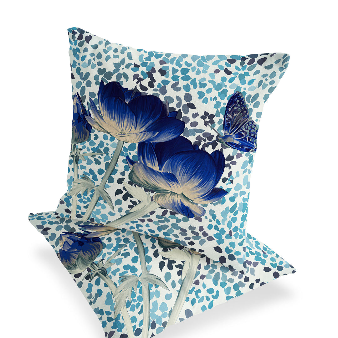 Set of Two 16" X 16" Blue and Off White Butterfly Blown Seam Floral Indoor Outdoor Throw Pillow