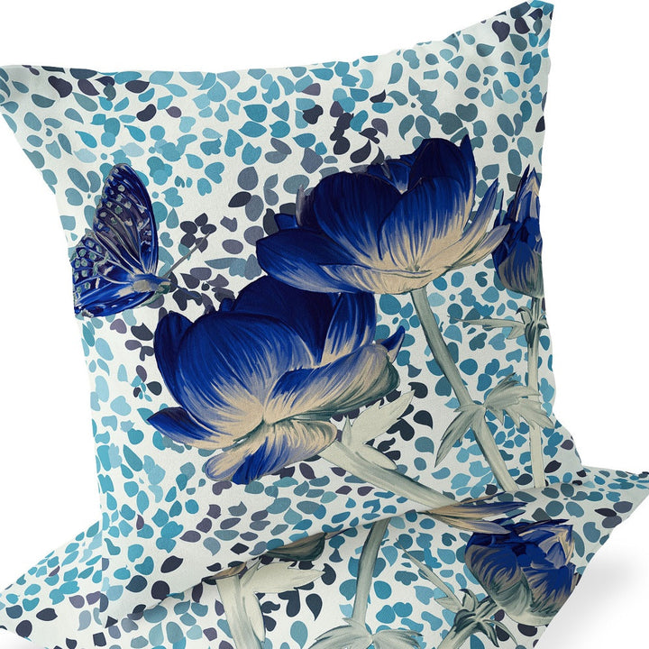 Set of Two 16" X 16" Blue and Off White Butterfly Blown Seam Floral Indoor Outdoor Throw Pillow