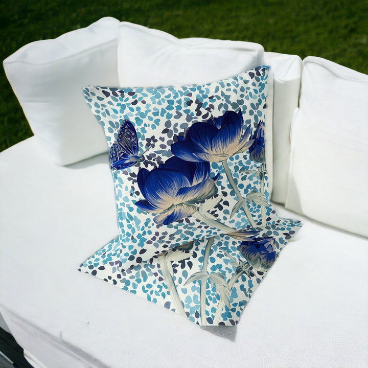 Set of Two 16" X 16" Blue and Off White Butterfly Blown Seam Floral Indoor Outdoor Throw Pillow