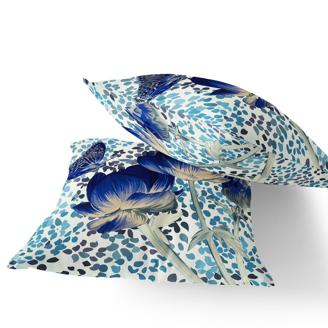 Set of Two 16" X 16" Blue and Off White Butterfly Blown Seam Floral Indoor Outdoor Throw Pillow