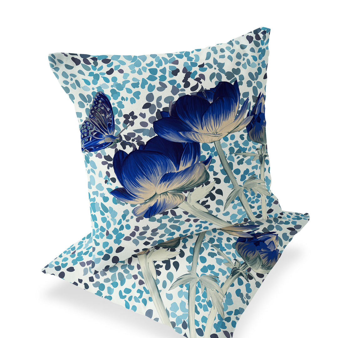 Set of Two 16" X 16" Blue and Off White Butterfly Blown Seam Floral Indoor Outdoor Throw Pillow