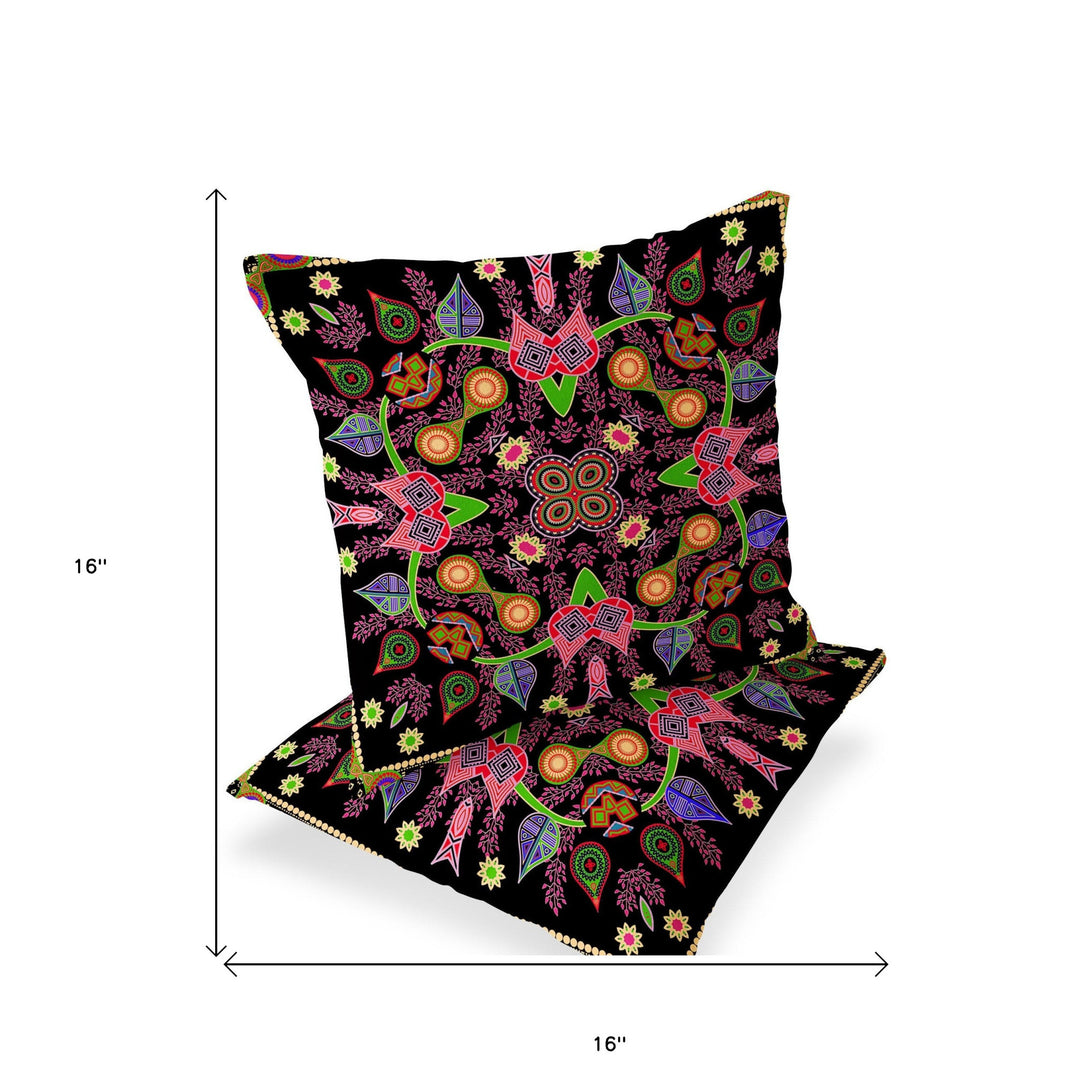 Set of Two 16" X 16" Black and Pink Blown Seam Paisley Indoor Outdoor Throw Pillows