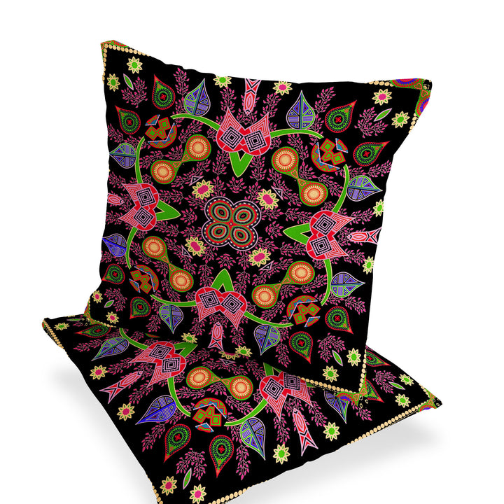 Set of Two 16" X 16" Black and Pink Blown Seam Paisley Indoor Outdoor Throw Pillows