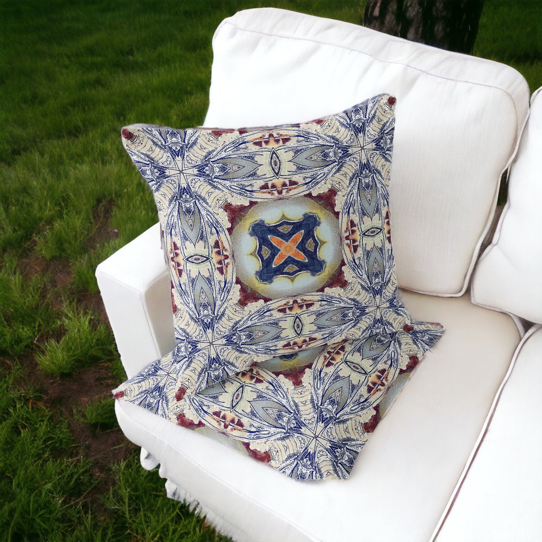 Set of Two 16" X 16" Blue and Gray Blown Seam Floral Indoor Outdoor Throw Pillow