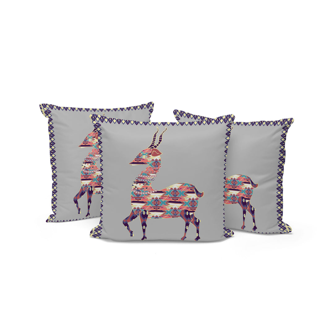 Set of Three 16" X 16" Gray and Purple Deer Indoor Outdoor Throw Pillow