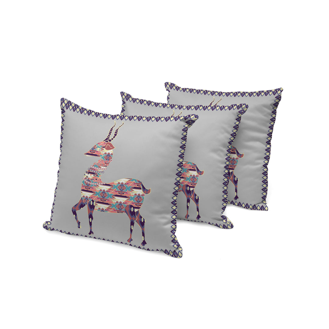 Set of Three 16" X 16" Gray and Purple Deer Indoor Outdoor Throw Pillow