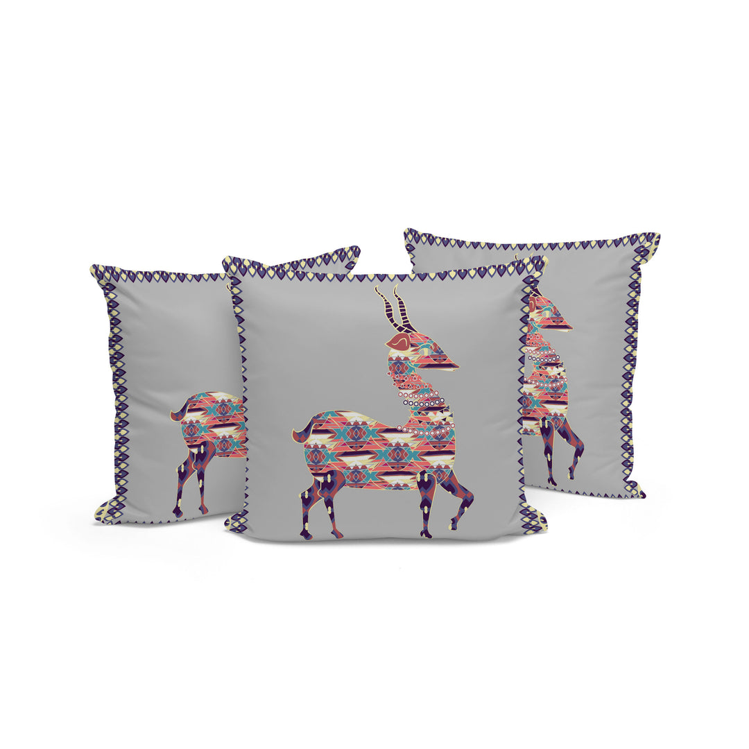 Set of Three 16" X 16" Gray and Purple Deer Indoor Outdoor Throw Pillow